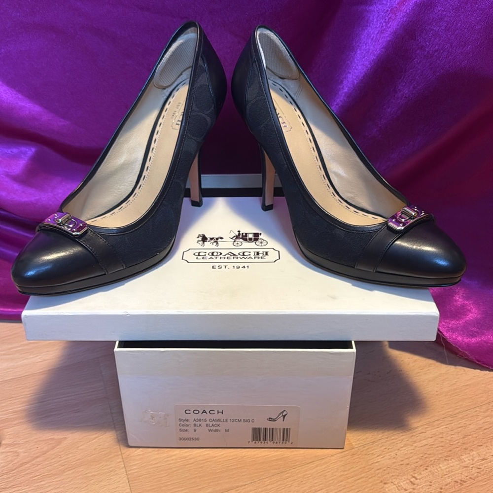 Coach Camille black leather and fabric size 9 heels in like new condition - Picture 3 of 9